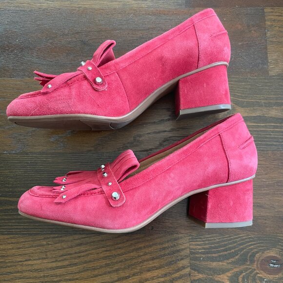 Like NEW Franco Sarto Red Fringe Suede Leather Block Heels Loafers - Picture 3 of 10